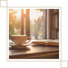 Image is of a book resting open on a table with a cup of tea next to it